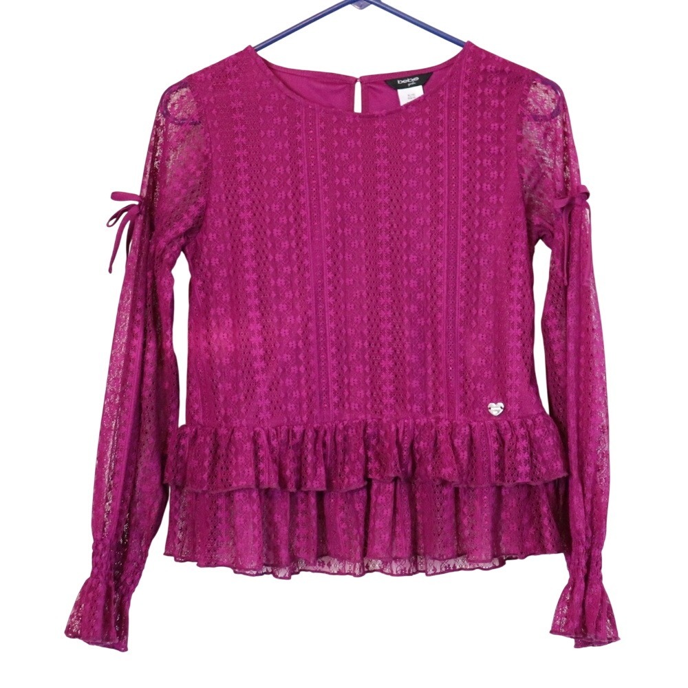 Bebe Girls Magenta Pink Lace Ruffle‎ Long Sleeve Blouse Top XL 16